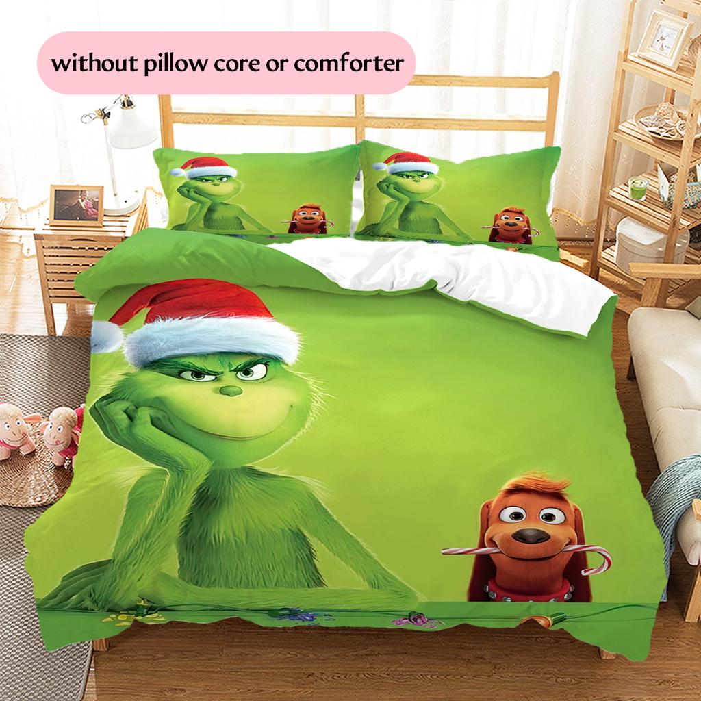 1PC Grinch Pattern Bedding Quilt Set Quilt Cover Pillowcase Home Decoration Birthday Gift (1 * Duvet Cover + 2 * Pillowcase, Without Core)