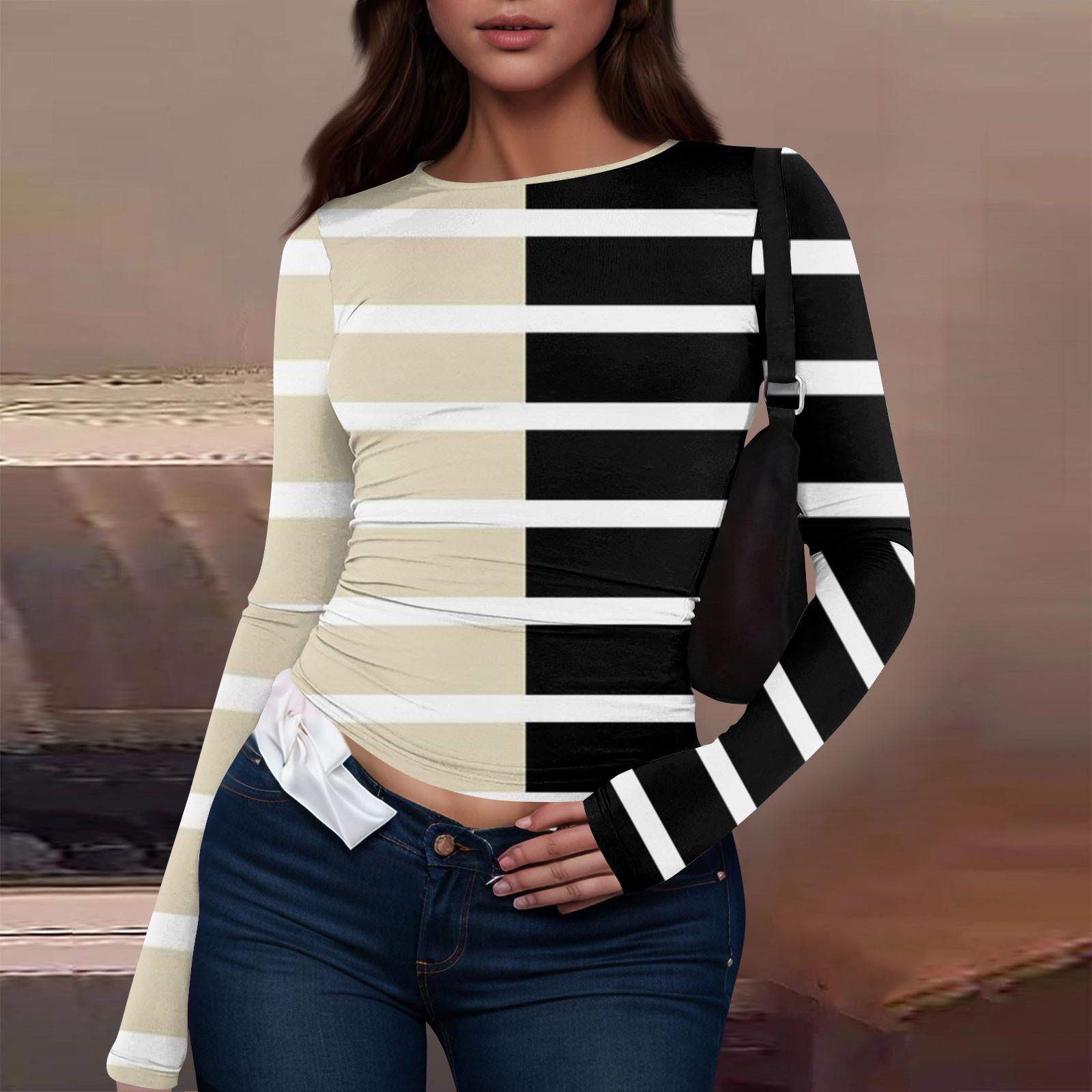 

Женская модная повседневная футболка с круглым вырезом и длинным рукавом с принтом L бежевый