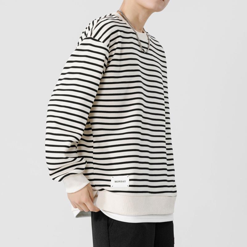 

Полосатый свитшот мужской осенний новый свободный трендовый фейковый двухслойный топ с круглым вырезом, низ с футболкой с длинным рукавом L белый