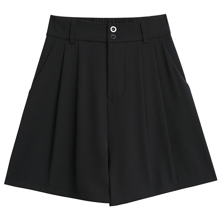 Women's Black High-Waist Wide-Leg Casual Shorts - Slim Fit, Anti-Exposure, Autumn Style, Small Size