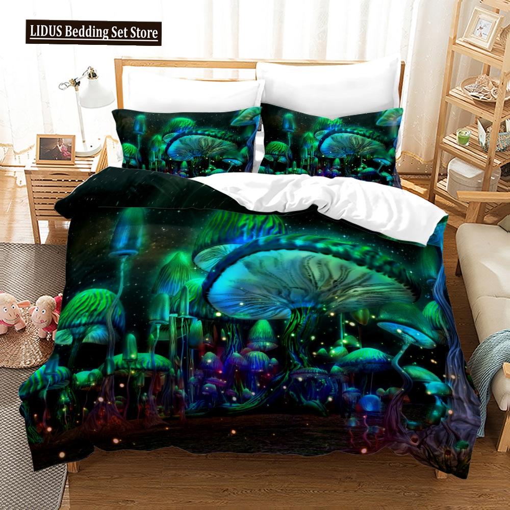 Mushroom Duvet Cover Set King Queen Size Star Purple Blue Trippy Mushroom Pattern Cartoon Polyester Bedding Set For Kid Boy Girl