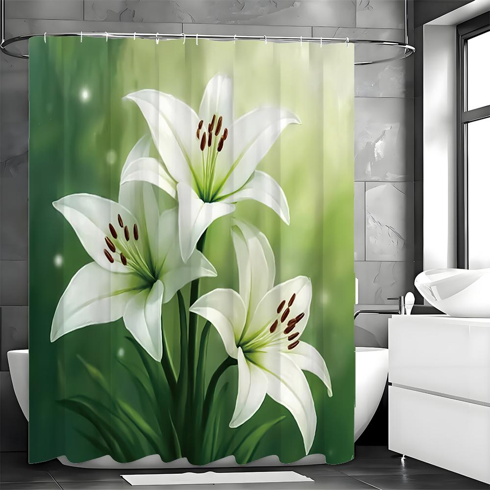 Perfume Lily Shower Curtain, Bathroom Decorative Shower Curtain, Waterproof Shower Curtain with Hooks