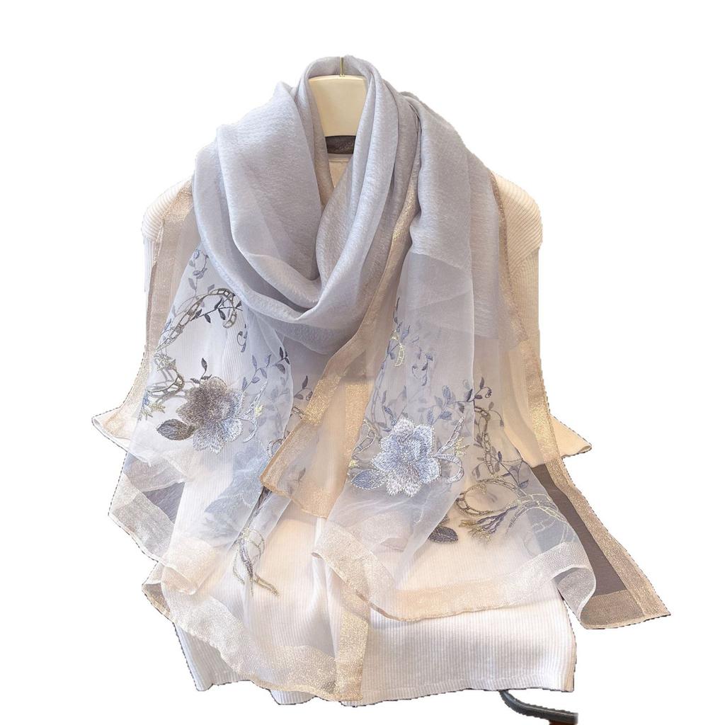 Nový Elegantní a Módní Větruodolný Tenký Hedvábný Šátek Hedvábný Vlněný Vyšívaný Šátek pro Dámskou Opalovací Šálu