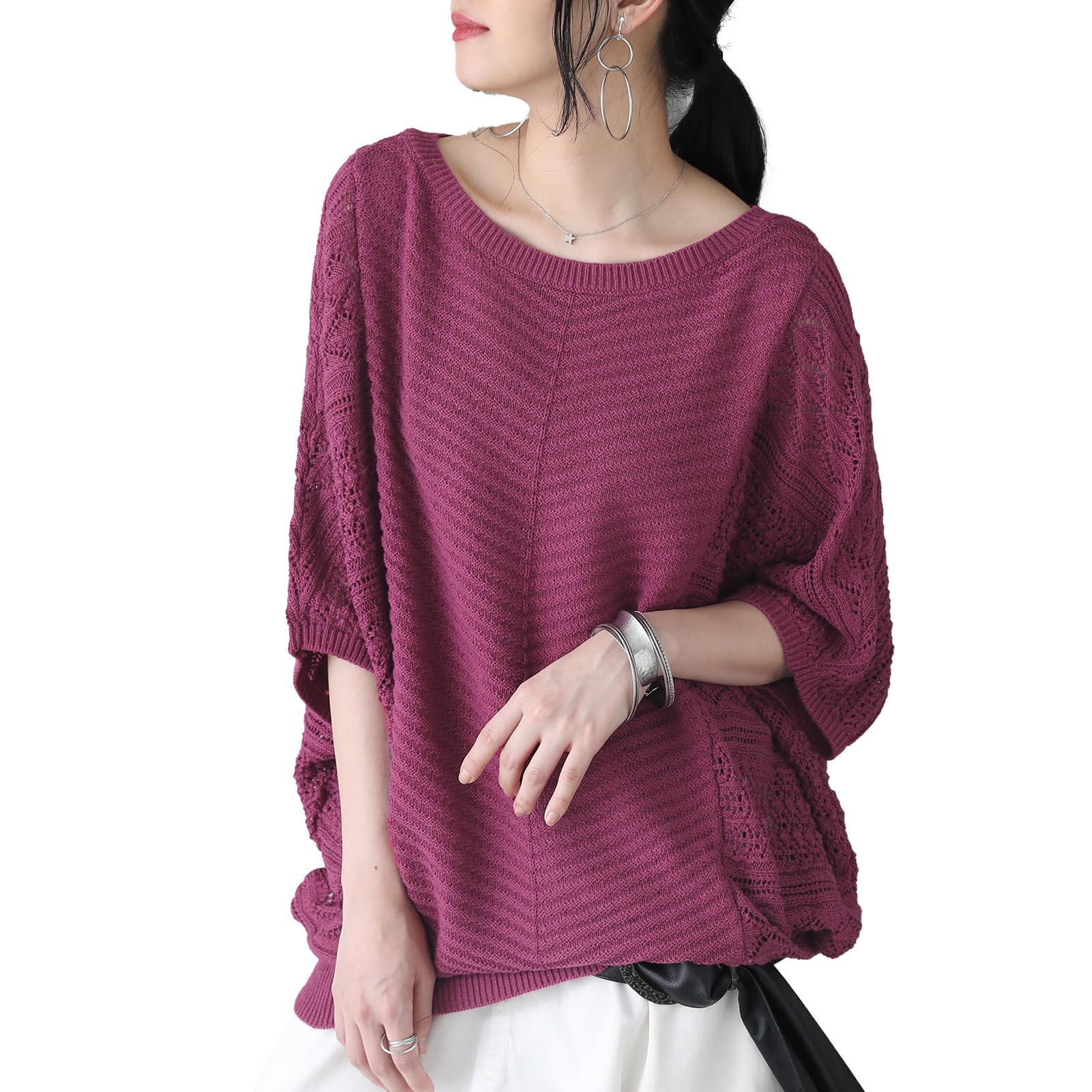 

Oshare Walker и Летний трикотаж долман с открытой спиной, короткий, натуральный долман, большие размеры, свободный, прохладный, с круглым вырезом, tfn0227 n OrLABEL [Двусторонний трикотаж спереди], женский топ,