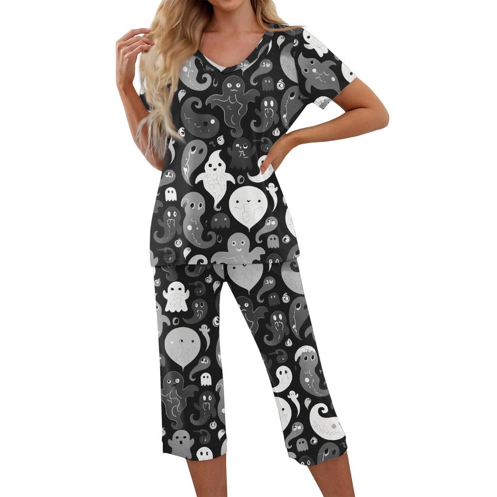 2 Piece Sets For Women Short Sleeve Top And Pants With Pockets Workout Soft Halloween Print Sets