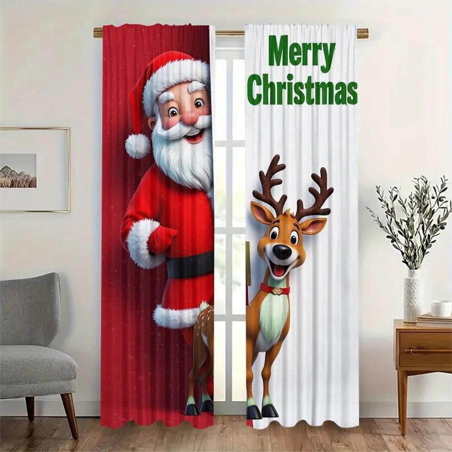 Set Of 2 Jit Cartoonish Santa Reindeer Curtain Design Polyester Christmas Window Decor With Rod Pocket Light Blocking
