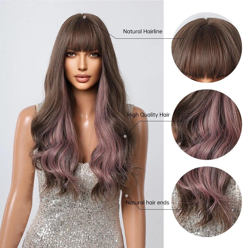 ALAN EATON Brown Synthetic Wig with Purple Highlights Colored Cosplay Party Hair Long Wavy Wigs with Bangs Heat Resistant Fiber