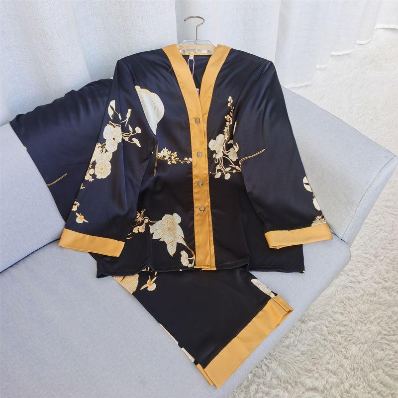 

2023 New Arrival Spring and Autumn Pajamas Women s Cardigan Silk Ladies Long Sleeves Home Wear Silk Black Peony Flower Two-piece Set Black M