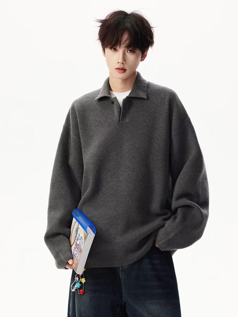 Vintage-Style Men's Autumn Polo Collar Knitwear: Loose, Casual, and Versatile