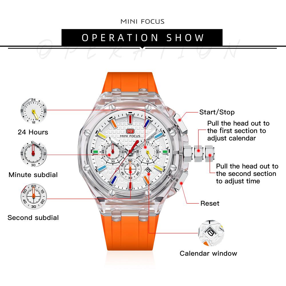 Multifunctional Casual Quartz Watch Mens Watches Waterproof Transparent Case Wrist Watch with Luminous Hands