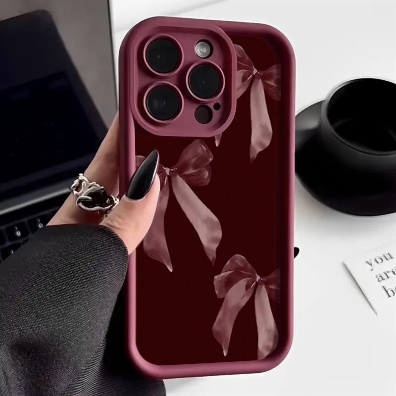 Stylish Retro Burgundy Bow-Patterned Phone Case For iPhone 17 Pro Cases iPhone 16 11 12 13 Pro Max 7 8 14 15 Plus X XR XS Cover