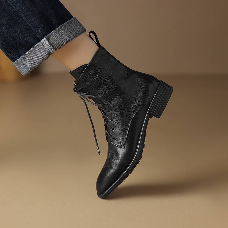 Krazing Pot Cow Leather Winter Round Toe Thick Low Heels Western Boots Women Lace Up Retro Ankle Boots