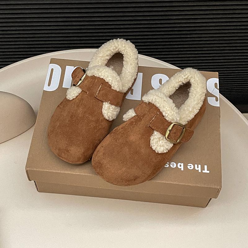 Retro comfortable casual one-pedal flat shoes women's autumn and winter fashion versatile velvet warm snow cotton shoes fluffy shoes