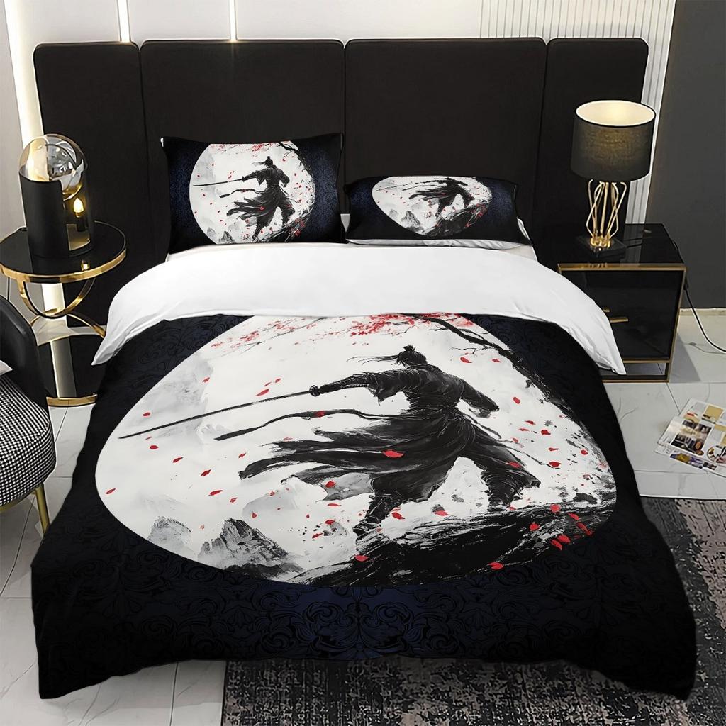 3pcs Japanese Samurai under Moon 3D Printed Bedding Set Cozy Duvet Cover King Queen Twin Size Birthday Gift Bedroom Decoration