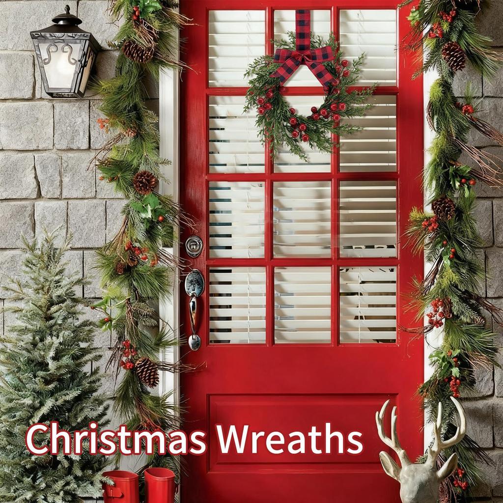 Artificial Christmas Wreath 10 Inch Winter Greenery Wreath with Red Berries And Velvet Bow Front Door Holiday Porch Wall Decor
