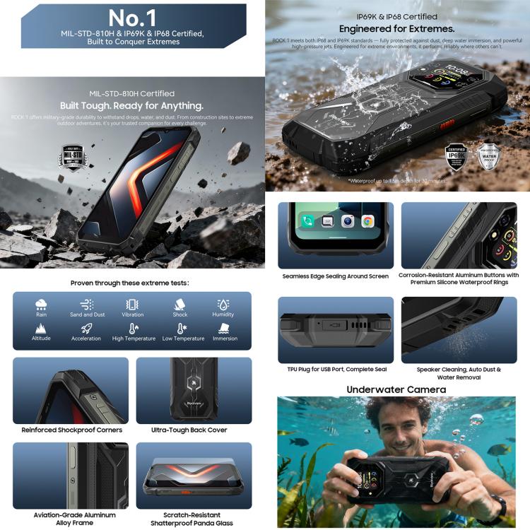 Blackview ROCK 1 Rugged Phone, 8GB+256GB, 6.56 Inch Android 16 MT6769V/CB Helio G81 Octa Core, Network: 4G, OTG, NFC (Black)