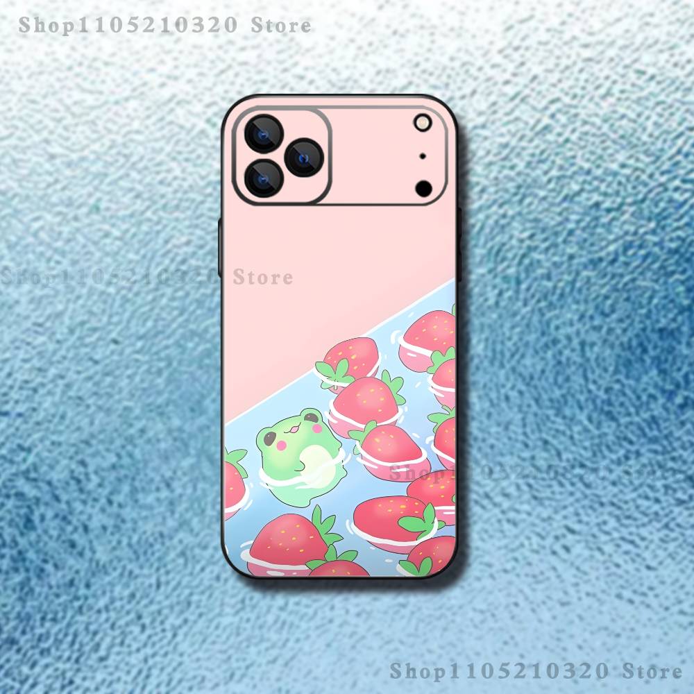 Frog Strawberry Cartoon Phone Case For iPhone 17,16,15,14,13,12,11,Pro Max,XSX,,XR,SE,Mini,8,7,Soft Silicone Black Cover