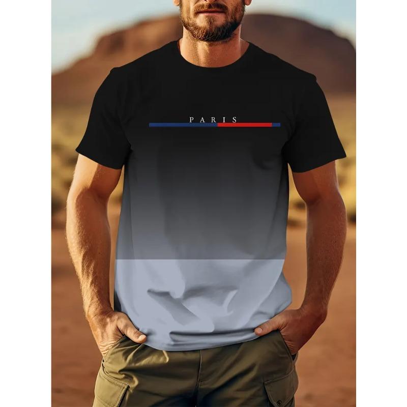Men's Summer Fashion Leisure Plus Size Color Gradient Printed T-shirt- Soft Medium Stretch Polyester Fabric Summer Mens Relaxed Fit Clothing