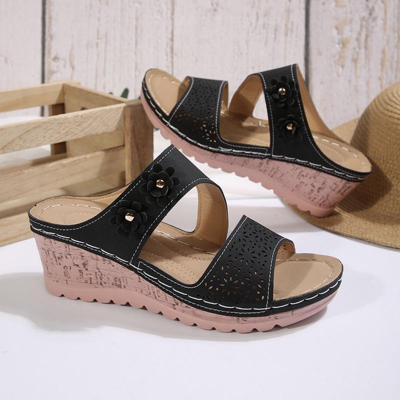 Fashion Summer Women Slippers Plus Size Women's Shoes Retro Roman Sandals Women Pu Casual Flower Wedge Sandals Platform Slippers