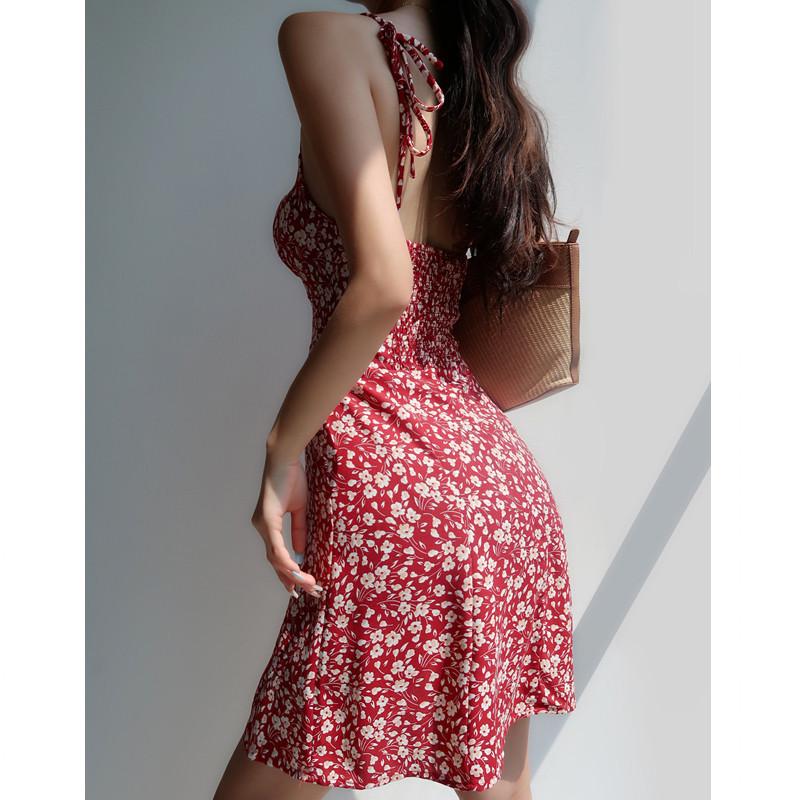 French retro girl V-neck red floral suspender skirt slim and thin waist strap short skirt vacation dress