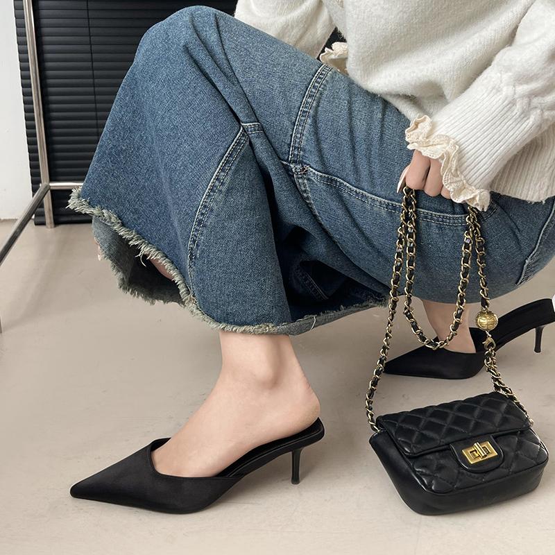 Fashion Aphixta 7 Cm Thin Heels Black Concise Women Slides Pointed Toe Summer Dress Slides Solid Color High Heels Elegant Shoes Size 42