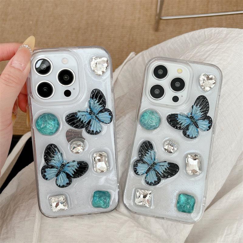 Gem Rhinestone Fine Glitter Mobile Phone Case for Apple 17 Butterfly for IPhone 16 Promax Transparent 14 Anti-fall 15