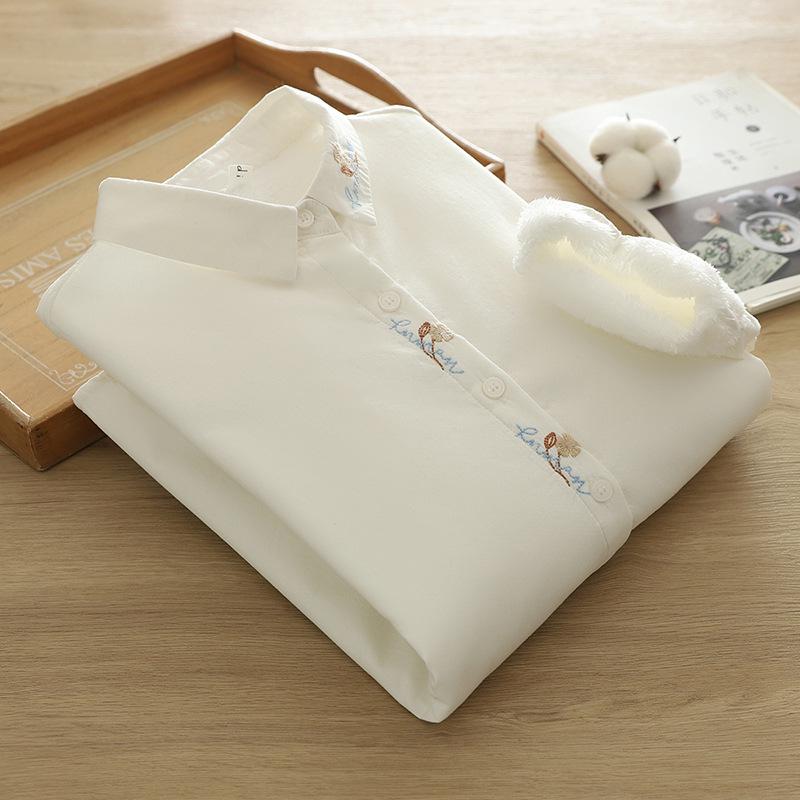 

Women s Fleece-Lined Long-Sleeve White Shirt - Warm Winter Base Layer with Fresh Embroidery and Pure Cotton Interior Medium белый
