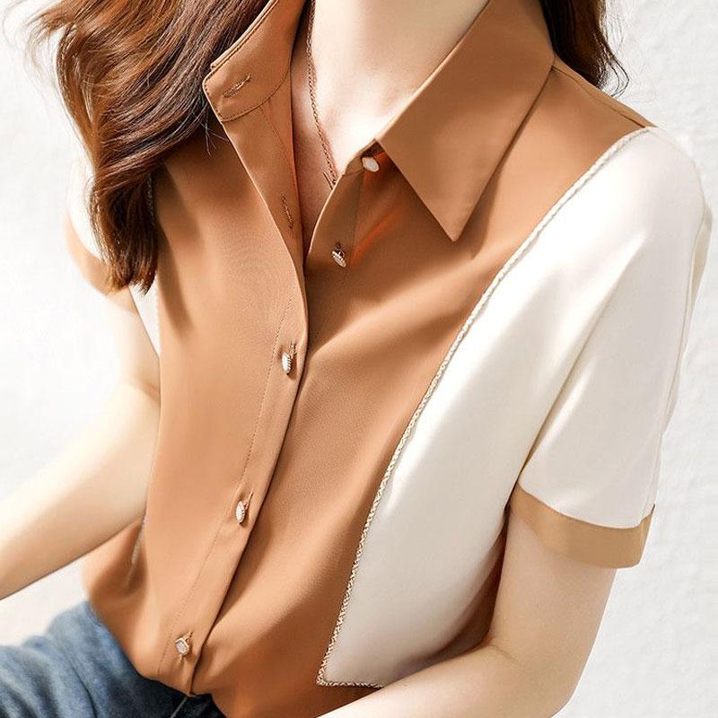 Office Lady Stylish Contrasting Colors Patchwork Shirt Summer Elegant Single-breasted Women's Clothing Turn-down Collar Blouse