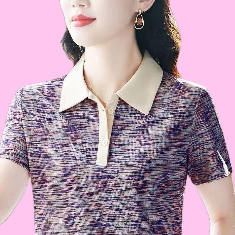 Nové letní tričko s krátkým rukávem pro ženy s límečkem, polokošile, módní ležérní sportovní top pro střední věk