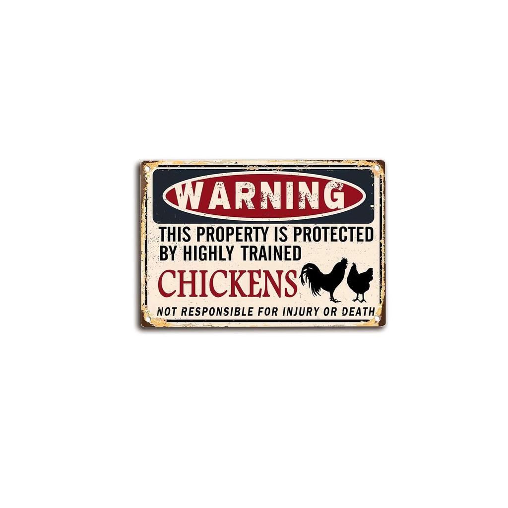 Blechschild Hühnerschild Warnung Dieses Grundstück wird von hochtrainierten Hühnern geschützt Lustige Warnschilder für den Außenbereich Vintage vintage si