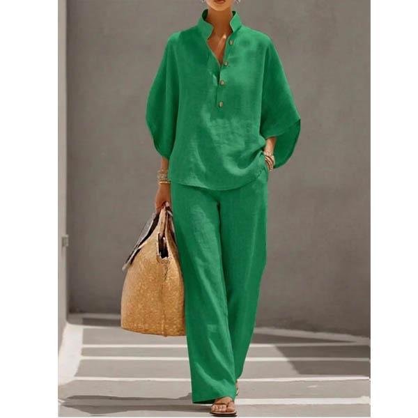 Completo Casual da Donna con Camicia Monocolore a Manica Lunga e Pantaloni in Cotone e Lino