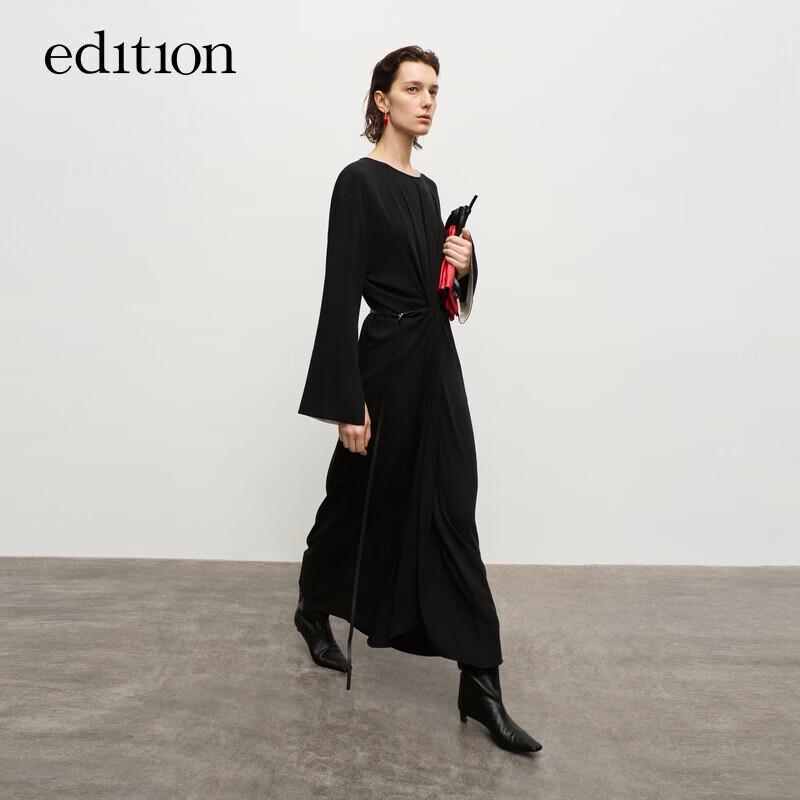 

Edition Women s 2024 Autumn Retro Belted Flare Sleeve A-Line Black Dress S (160)