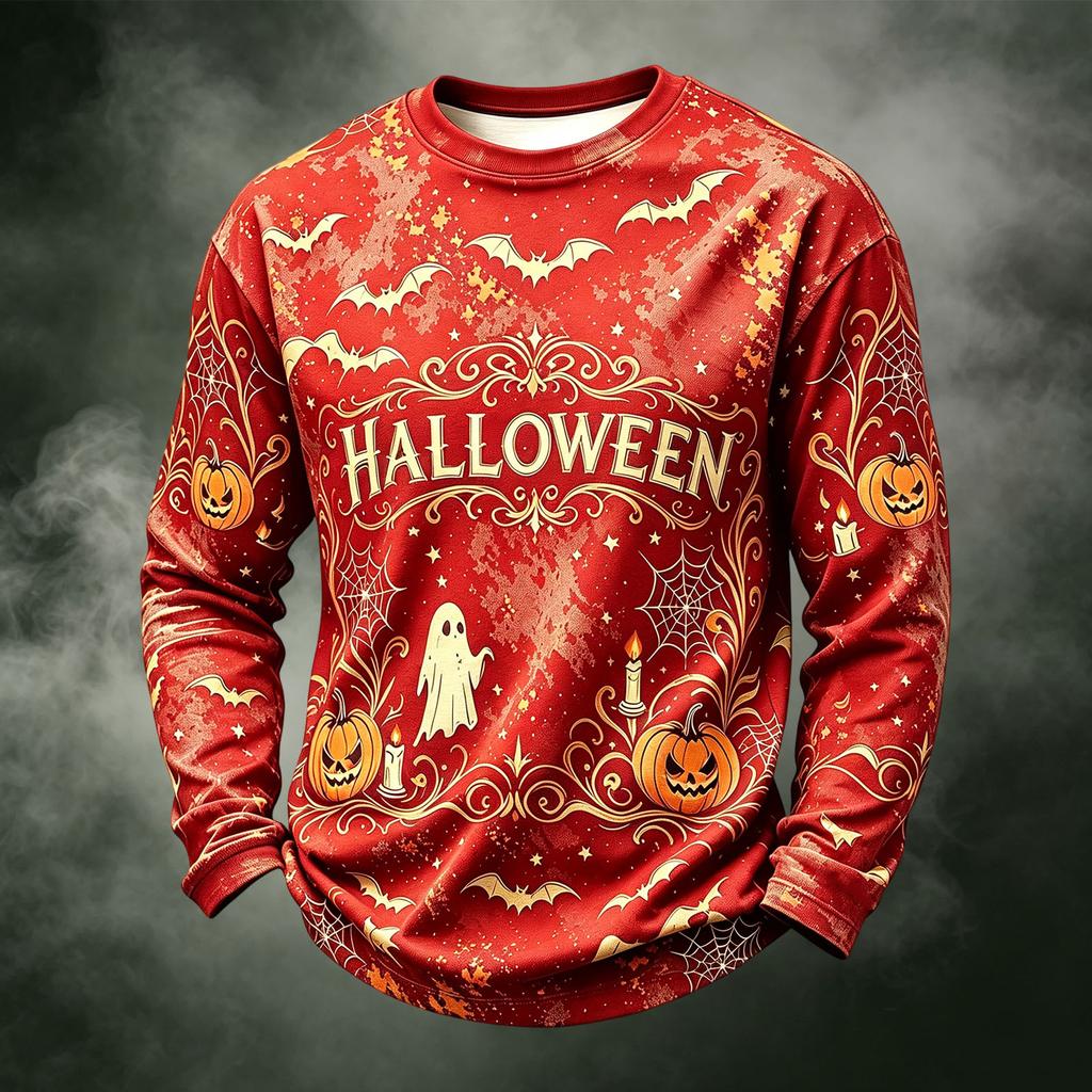 Men's Casual Knit Neck Long Sleeve Top with Halloween Print
