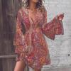 European and American Autumn and Winter New Fashionable and Elegant Women's Paisley Printed V-neck Flared Sleeve Dress