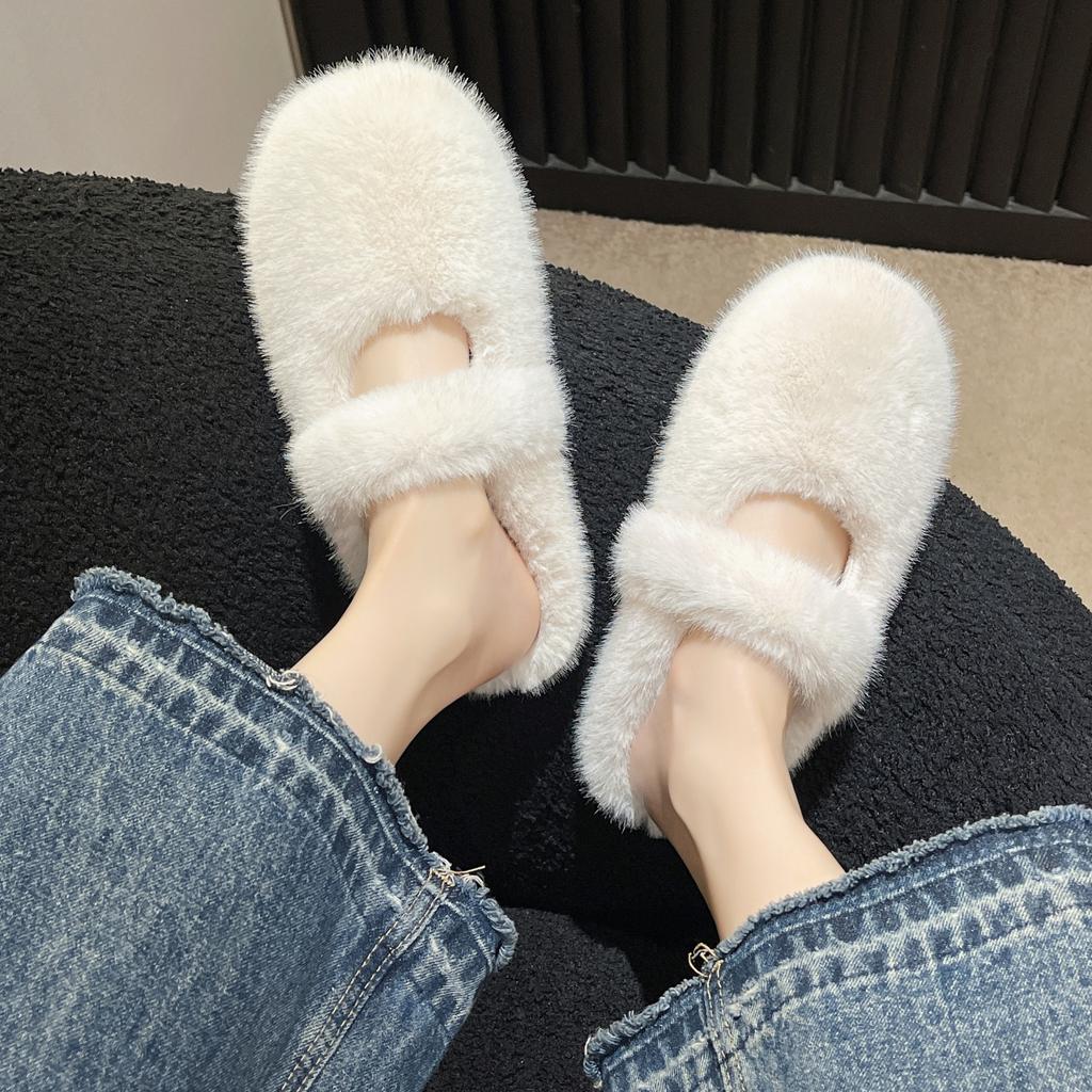 French flat-bottomed fluffy slippers for women's outer wear 2025 new autumn and winter one-pedal versatile plush cotton slippers