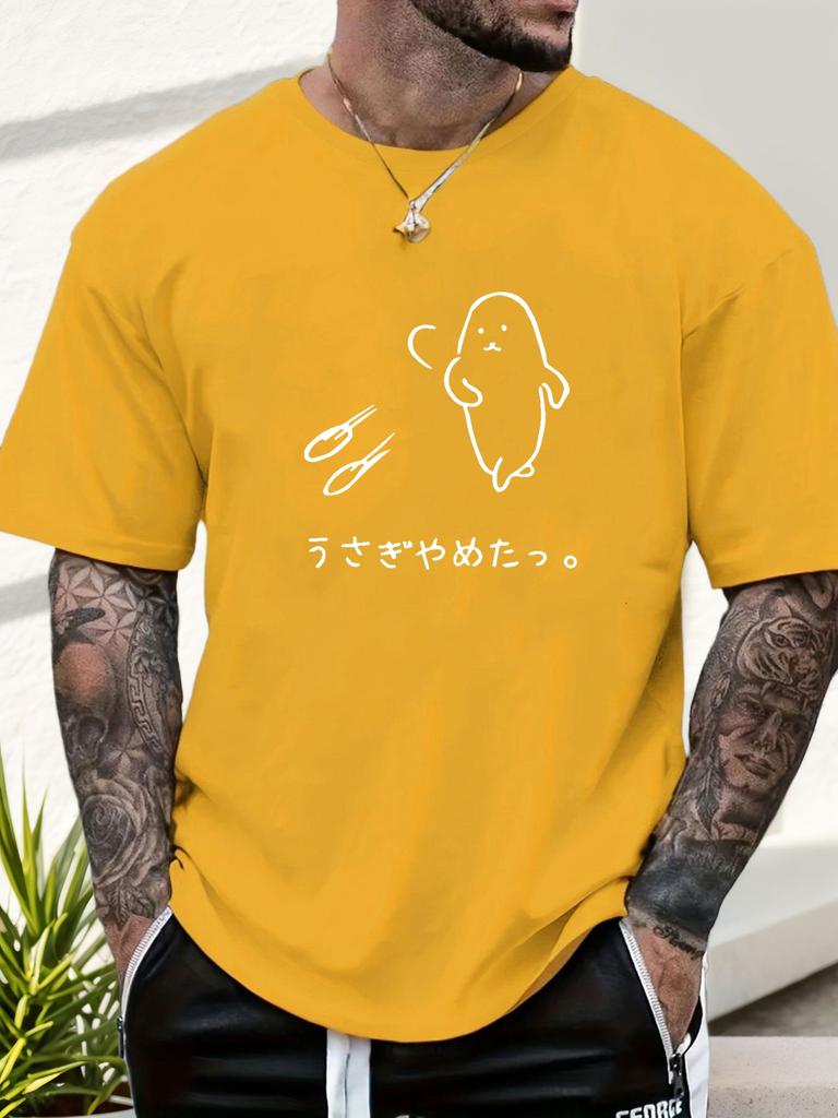 Unisexs Crew Neck Short Sleeve Tee Japanese Rabbit Print Summer Casual Loose Breathable Male Anime Streetwear Daily Fashion Tops