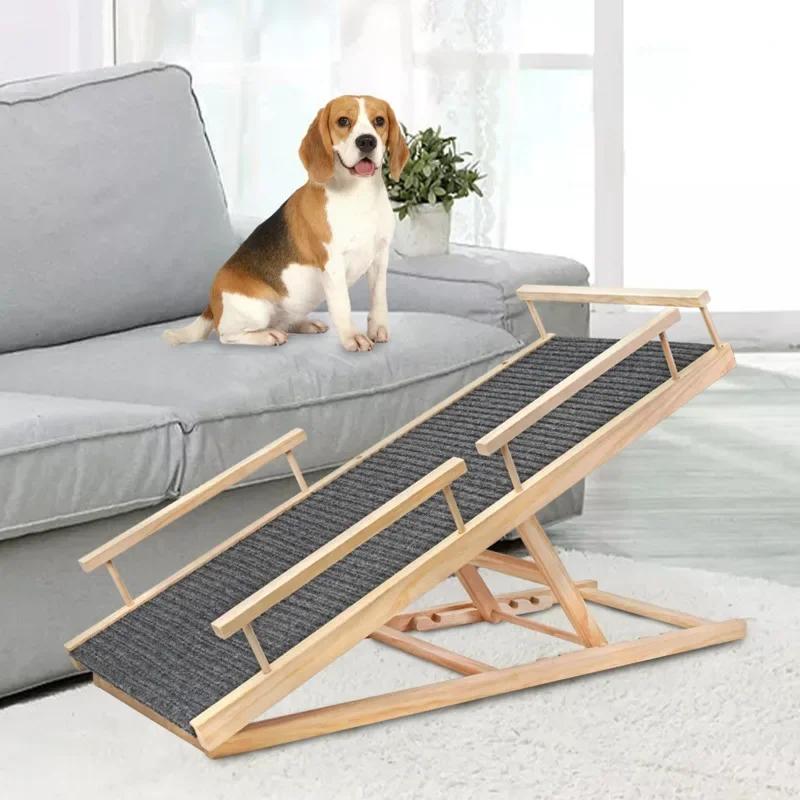 Portable Wooden Folding Pet Ramp Adjustable Non-Slip Dog and Cat Ladder Safe Access for Couch Bed or Car Durable Pet Ramps