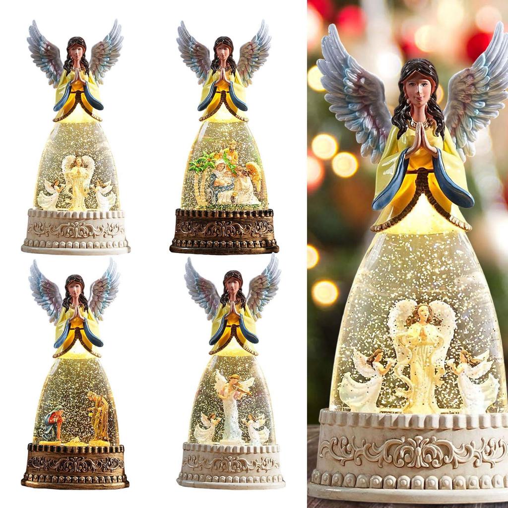 Angel Shaped Christmas Snow Globe with Light and Music Box Plastic Desktop Ornament for Table Shelf Holiday Gift