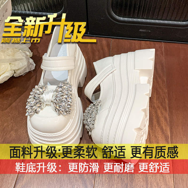 

Muffin thick heel Mary Jane loafers women s single shoes 2025 new 10cm platform bow rhinestone small leather shoes 40