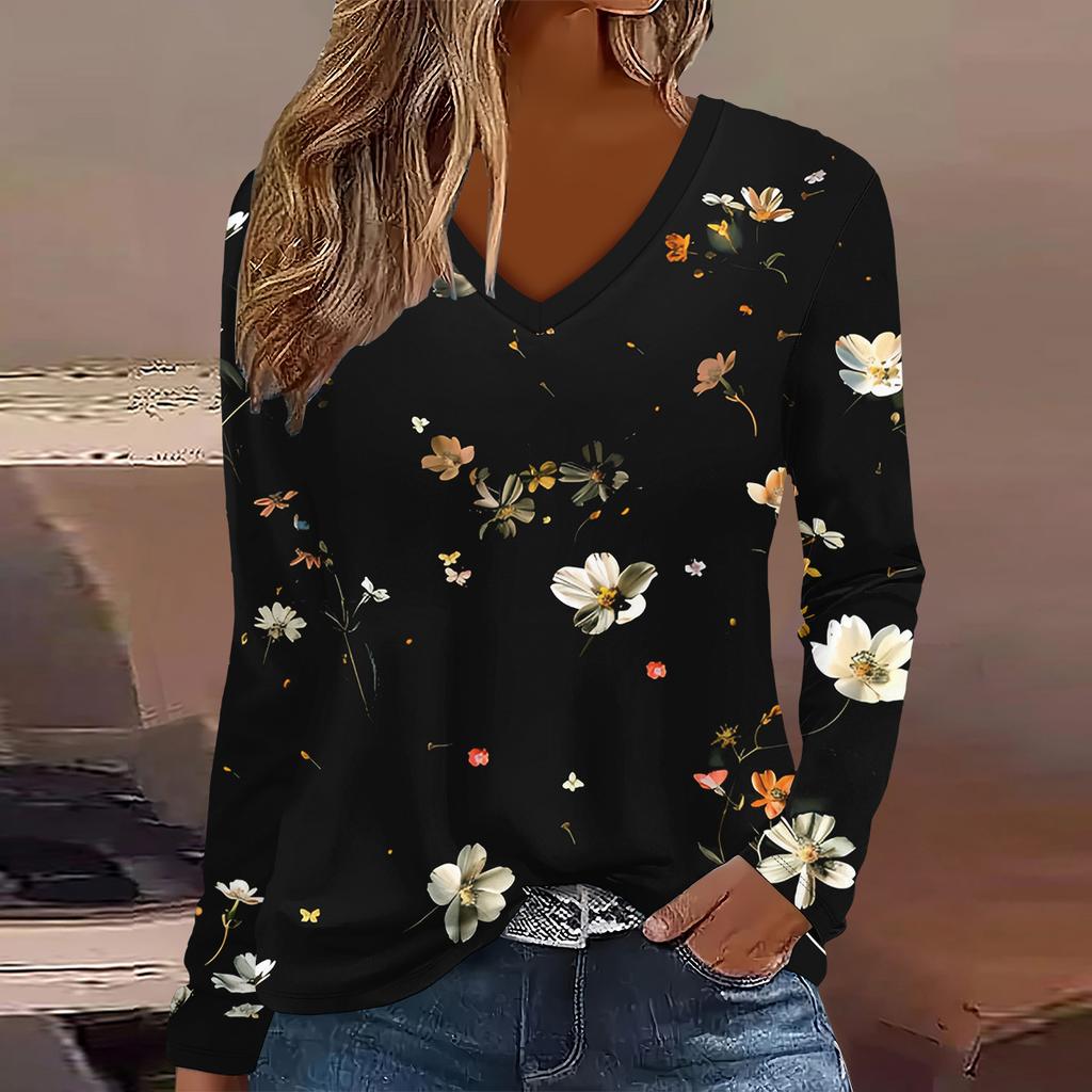 Übergröße Europäische und Amerikanische Mode 2025 Damen Elegantes V-Ausschnitt Langarm T-Shirt