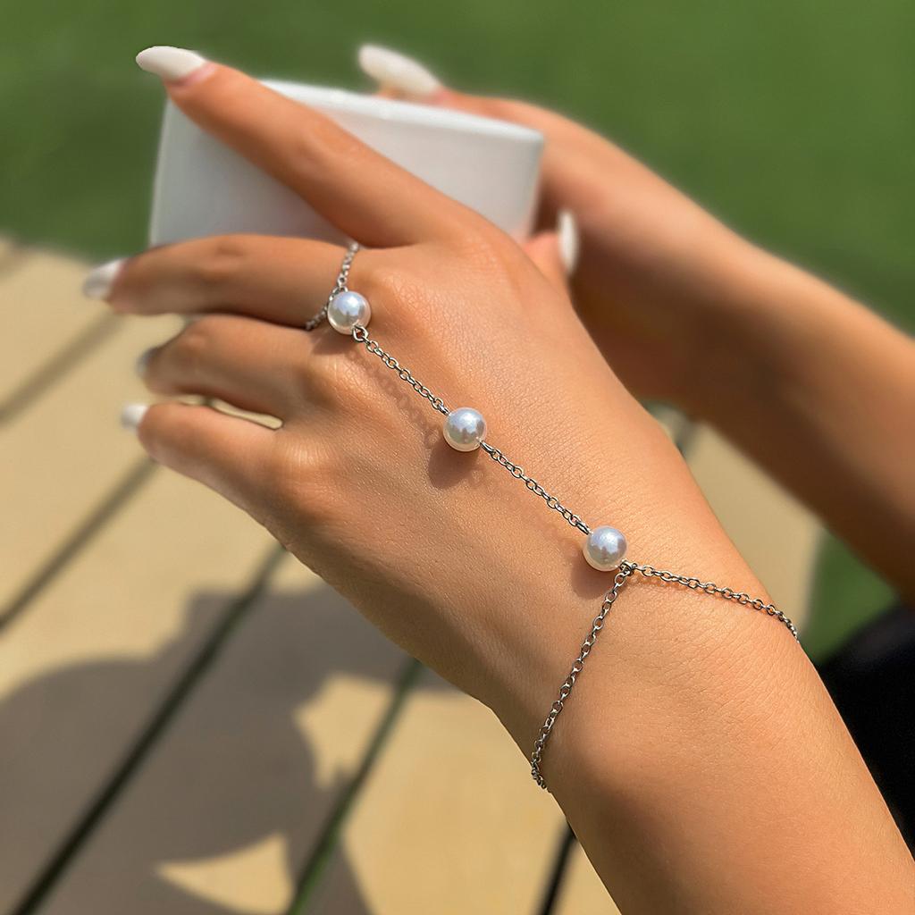 Chaîne Métallique Perle Imitation Plage, Chaîne Dorsale, Bracelet de Doigt Strass Tendance et Simple pour Femmes