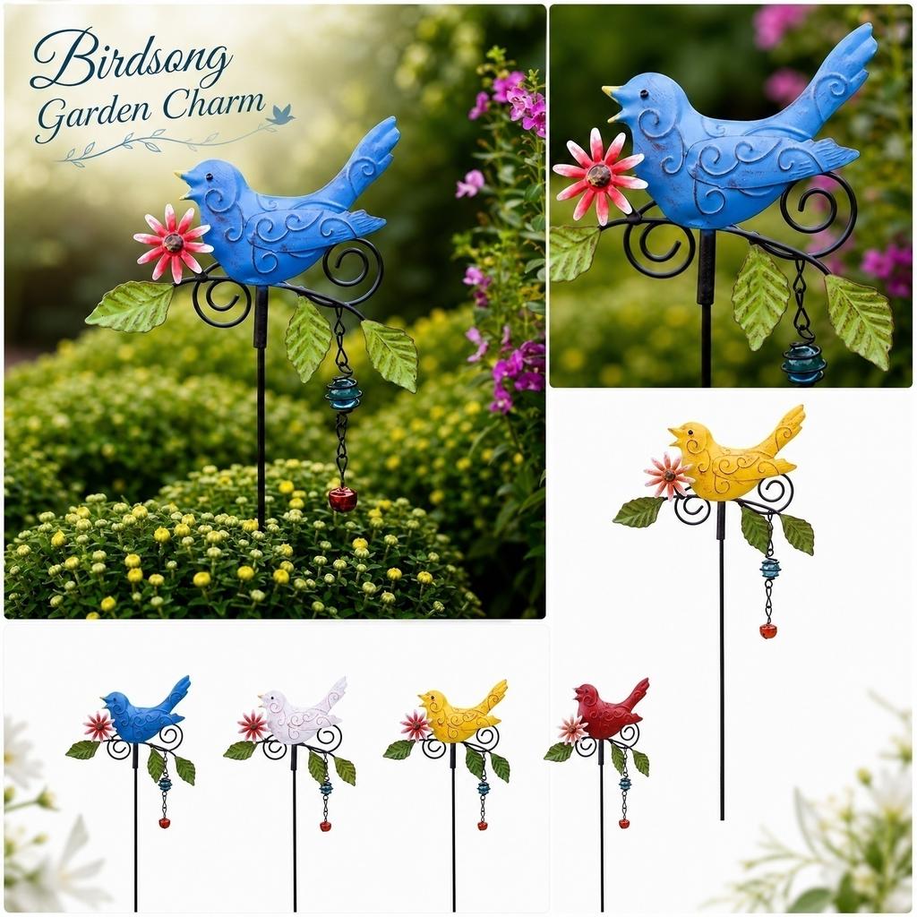 Metal Bird Wind Chime Garden Stake Outdoor Yard Decoration Patio Ornament with Hanging Bell and Floral Design