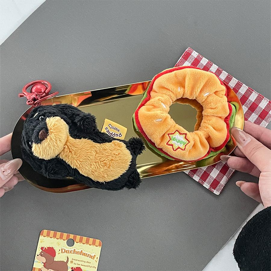 Plush Toy Dachshund Keychain With Hamburger Accessory Filling Children For