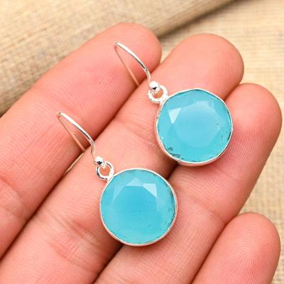 Blue Chalcedony Gemstone Handmade 925 Sterling Silver Jewelry Earrings For Her