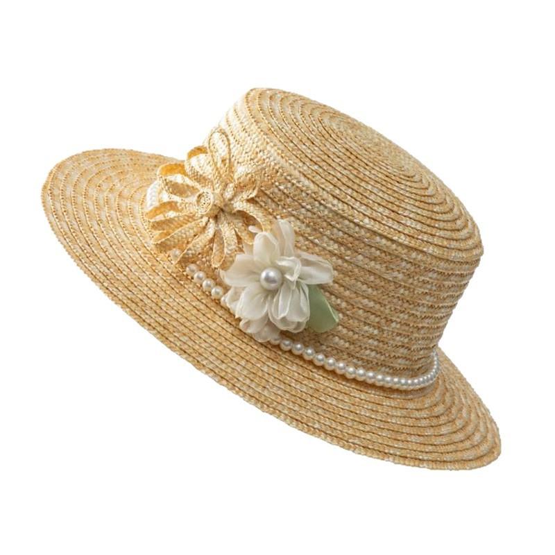 French retro temperament pearl handmade flower flat top gift hat women's summer seaside beach vacation sunshade sunscreen straw hat