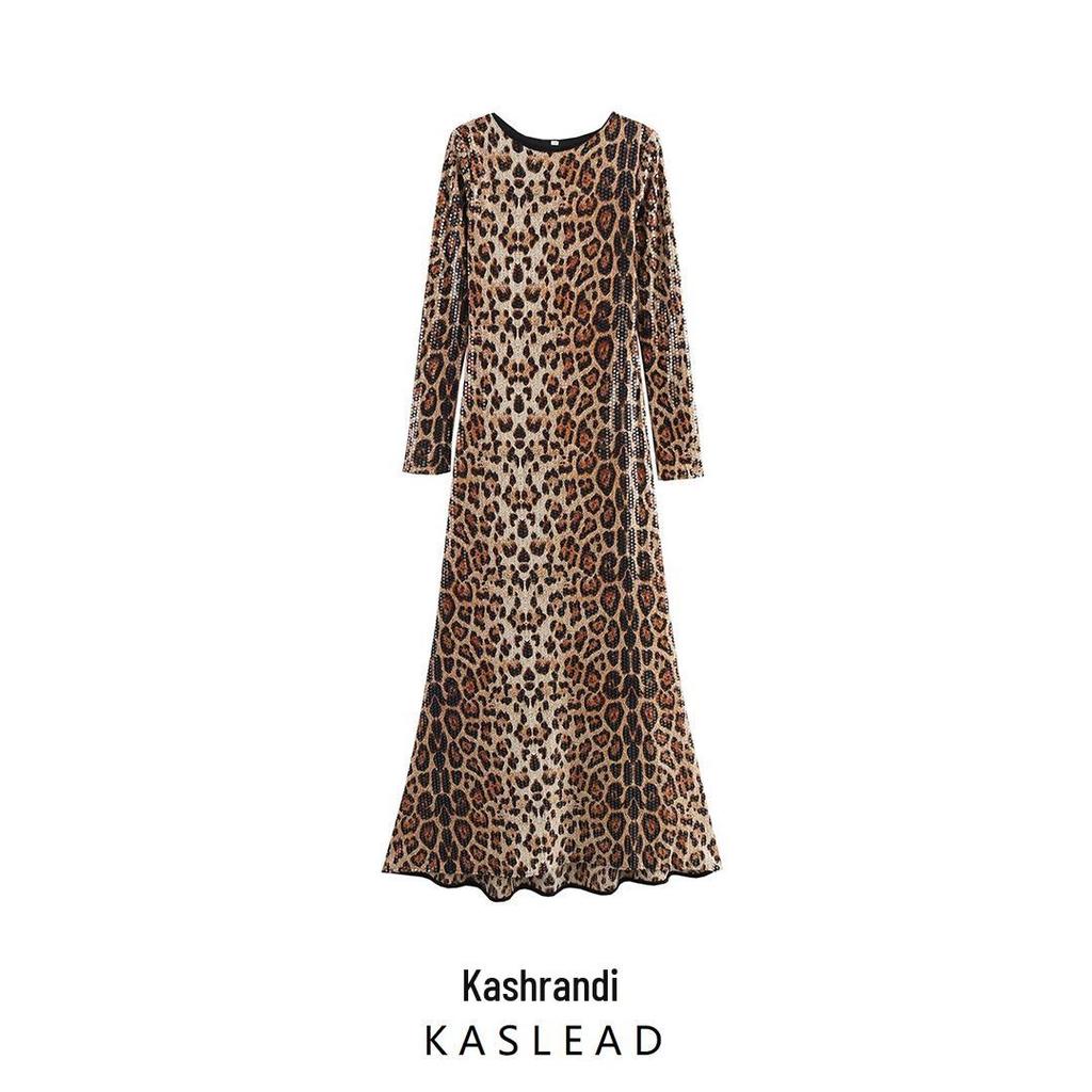 2025 Spring Women's European & American Style Leopard Print Sequin Slim Fit Long Dress