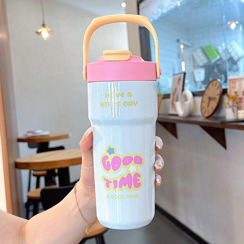 Large Capacity Thermos Cup for Women, New 2024 Model, Stylish Student Straw Cup, Dual-Use Coffee Cup, Portable