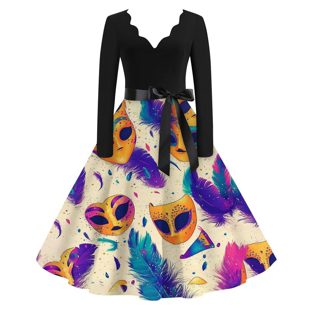 Women's Casual Fashion V-Neck Long Sleeve Carnival Print Vintage  Dress