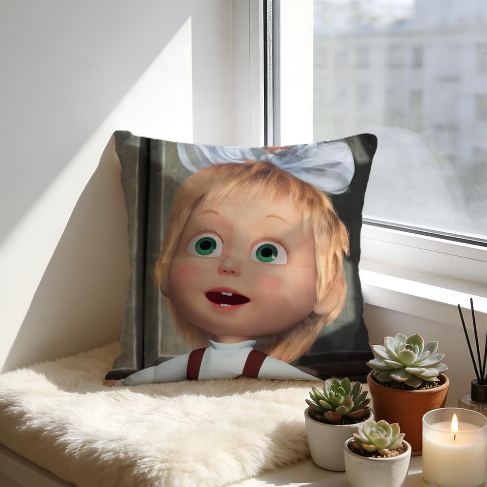 Masha And The Bear Cushion Cover Cozy Velvet Throw PillowSoft Warm Cushion For Sofa Bed