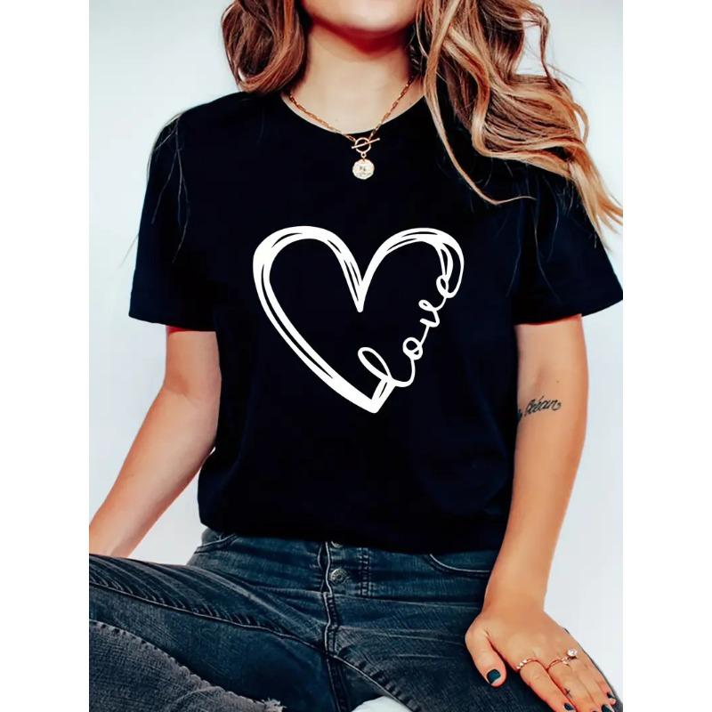 Summer Round Neck 3D Love Print Top Fashionable Casual Short Sleeved Women's T-shirts
